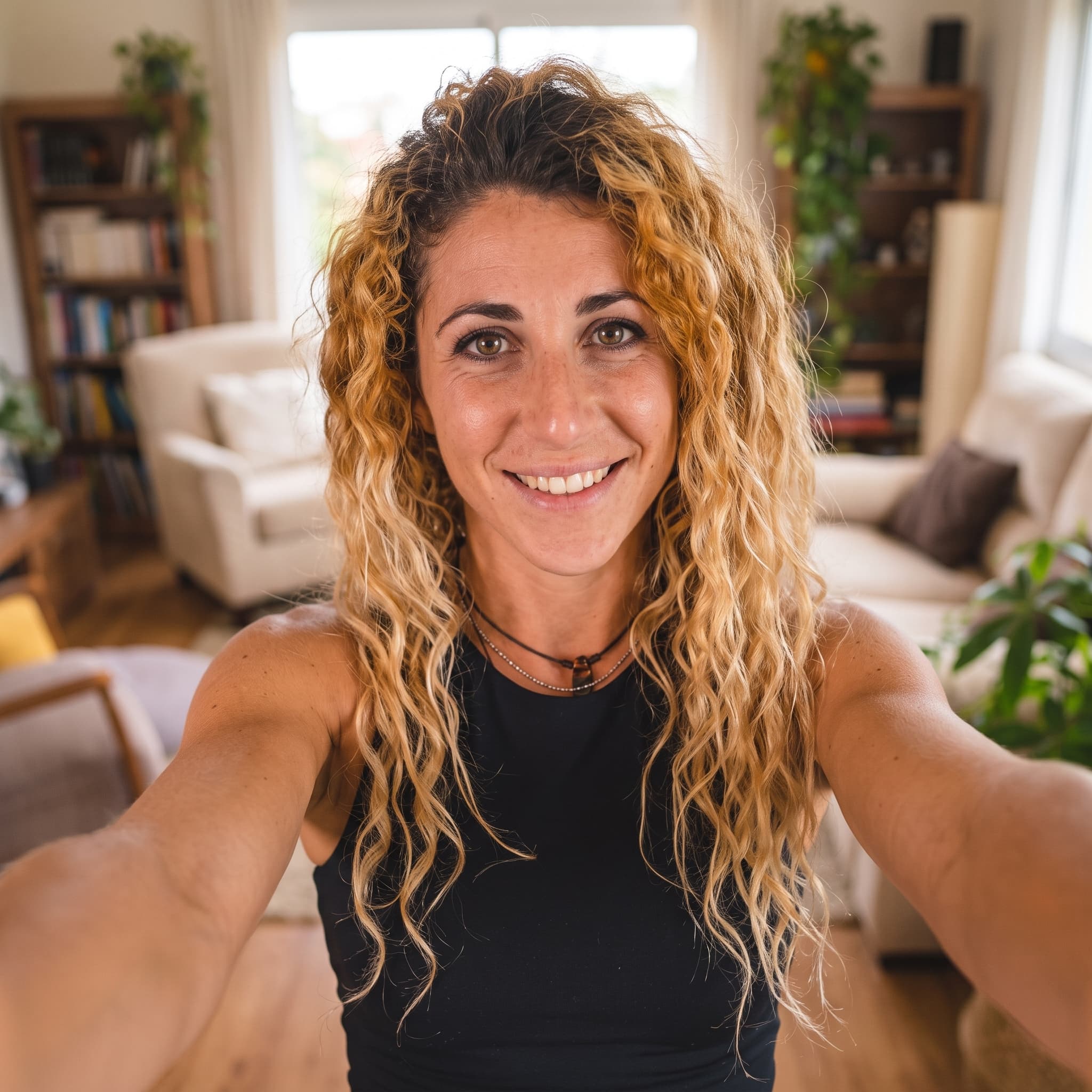 Review portrait — Jennifer, 30s, warm smile, bathroom background