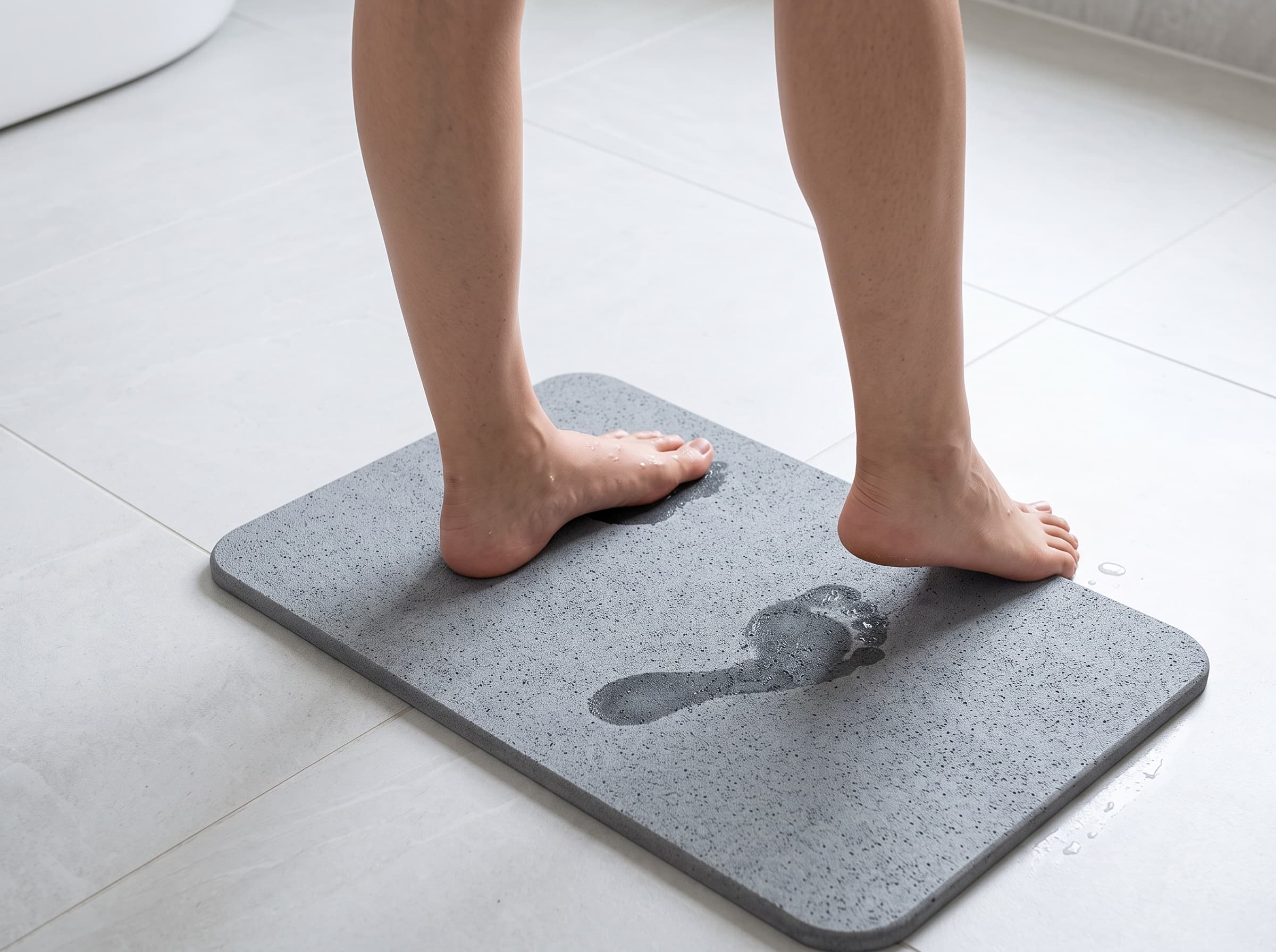 Step 2 — feet stepping onto the mat, water absorbed
