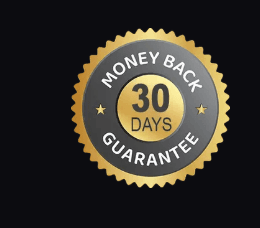 Guarantee seal — circular badge '30-day satisfaction guarantee' in brand gradient