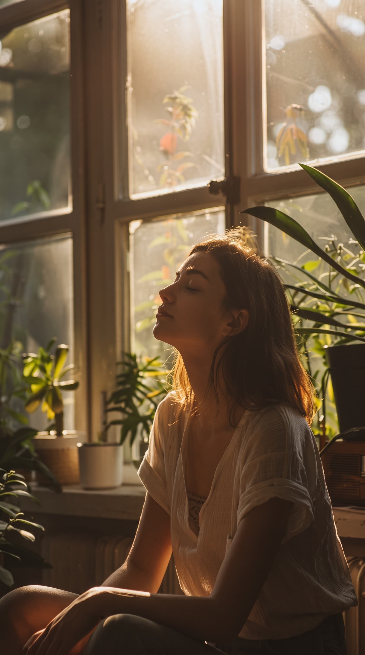 Stat 3 — person breathing calmly by a window