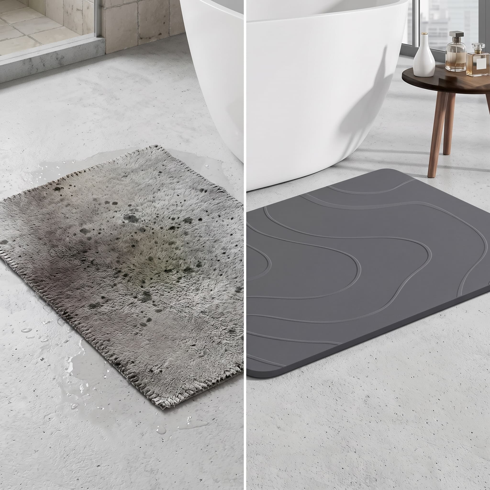 Tech 2 — split image: damp cloth mat with dark edges vs. clean dry Airis Mat